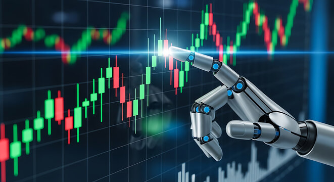 Robotic hand touching glowing candlestick financial chart for automated trading concept