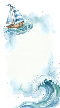 Watercolor sailboat with blue striped sail navigating stylized ocean waves and water splashes, creating a nautical border frame for text or design elements.