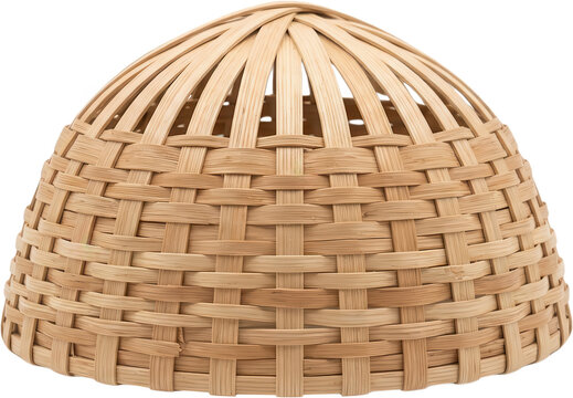 Close up view of a dome shaped woven basket constructed from light brown natural wood strips forming a detailed grid pattern 179 characters wicker texture craft handmade material