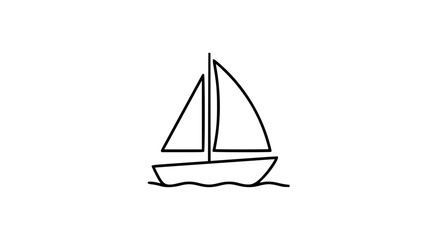 Fototapeta premium A simple black line art vector icon of a sailboat with two sails floating on wavy water lines, depicting sailing, travel, and maritime themes in a clean, minimalist, and scalable illustration style.
