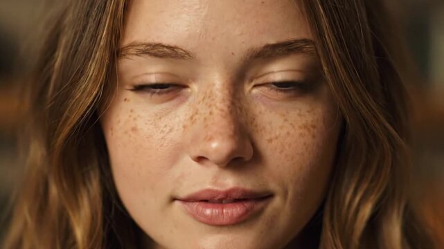 Woman with closed eyes and freckles resting her forehead gently against her fingertips in a serene expression.