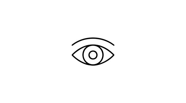 A simple black and white vector icon illustration of a single human eye with an upper eyelid, iris, and pupil, representing vision, sight, observation, and awareness in a minimalist line art style