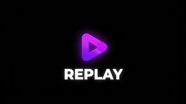 Purple play button icon with modern typographic text reading replay on a dark gradient background.