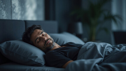 Fototapeta premium Man sleeping bedroom night bed pillow blanket dark indoor peaceful rest man sleeping peacefully dark bedroom night soft blanket and pillow restful calm Sleep hygiene bedroom environment concept