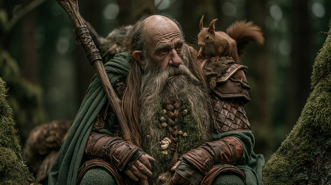Outdoor adventure explore. A detailed, realistic portrayal of an elderly man with a long, flowing white beard and a bald head, wearing a green cloak and brown leather armor.