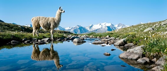 Naklejka premium Llama standing by alpine stream with snow-capped mountain peaks and clear blue sky, reflecting in water. Wildlife and nature scene for travel, adventure, and outdoor content.