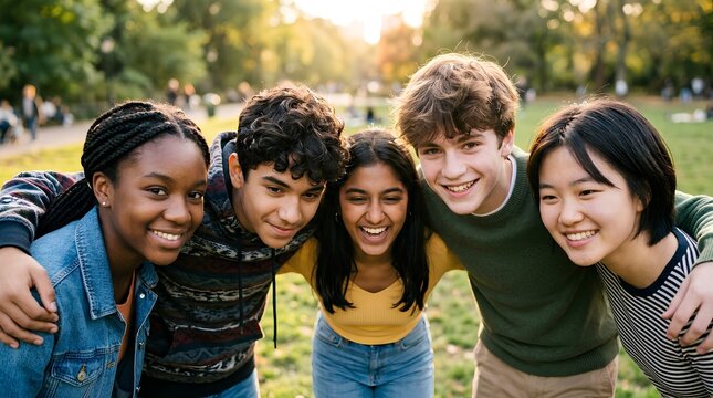 Group of five diverse happy teenage friends hugging together in sunny park at golden hour, multicultural youth friendship, smiling diverse teens outdoors, unity, togetherness, high school best