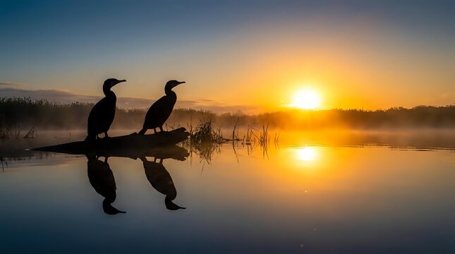 Two cormorants perched on a log at sunrise, silhouetted against golden sunlight reflecting on calm water with mist rising from the wetland surface.