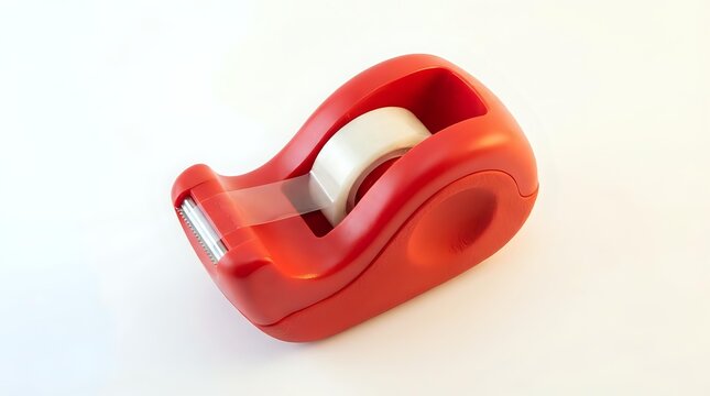Red tape dispenser with roll of clear adhesive tape on neutral background for office and packaging supplies.