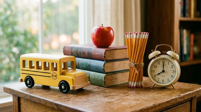 A bright yellow wooden toy school bus sits on a sunlit oak desk beside a stack of textbooks topped with a red apple, a bundle of yellow pencils tied with twine, and a classic white alarm clock.