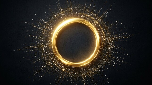 Radiant golden circular halo emitting bright light and fine glitter particles against a deep dark textured backdrop, symbolizing magic, luxury, and divine energy in a high-contrast composition.