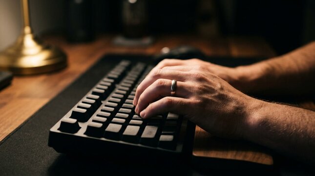 A close-up view of a person's hands typing rapidly on a black mechanical keyboard with white keycaps on a wooden desk, illuminated by warm lamp light, suggesting productivity and office work.