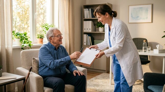 Female Doctor in White Medical Coat Handing Clipboard with Patient Form to Smiling Senior Man During Medical Consultation Seated in Comfortable Armchair in Bright Modern Healthcare Office with Plants