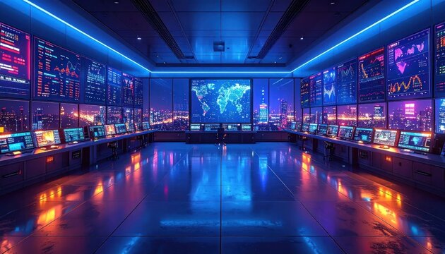 Futuristic Command Center with Global Data Displays and Cityscape at Night