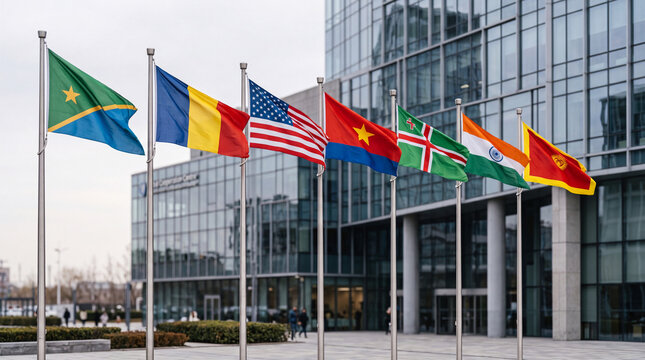 Row of International Flags Waving Outside Modern Corporate Office Building