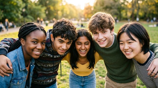 Group of five diverse teenage friends standing in circle in sunny park, leaning together looking down at camera smiling, multicultural youth friendship outdoor golden hour connection