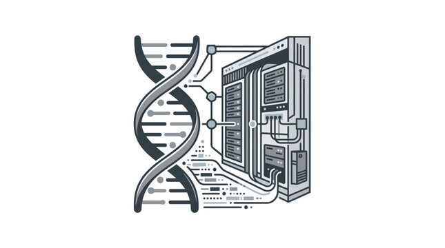 DNA strand integrated with server rack data center equipment.