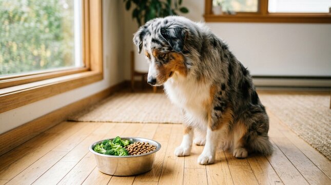 Fluffy Blue Merle Australian Shepherd Dog Sitting on Light Hardwood Floor Looking Down at the Silver Bowl with Dry Kibble and Fresh Green Broccoli, Pet Nutrition and Healthy Eating Concept