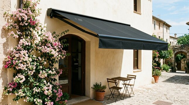 Modern matte black retractable awning over cream stucco Mediterranean caf&eacute; facade with pink blooming bougainvillea, outdoor patio seating on cobblestone street in sunny European village