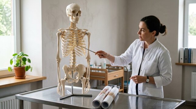 Professional female doctor pointing at anatomical skeleton model during medical education lesson in bright modern clinic, with rolled anatomical posters on stainless steel examination table