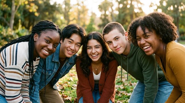 Diverse group of five happy teenage friends leaning together in autumn park, smiling at camera, multicultural youth friendship, outdoor casual lifestyle, fall season, teen hangout, togetherness