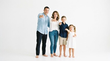 Naklejka premium Happy Family of Four Pointing Forward in White Studio, Parents and Children Smiling Together, Modern Family Photography, Casual Wear, Barefoot, Bright Background, Unity and Love, Indoor Portrait
