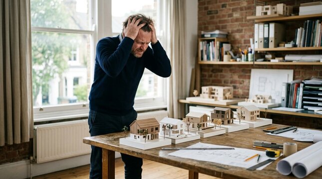 Stressed Male Architect Holding Head in Hands While Reviewing Row of Small Architectural House Models and Blueprints on Table in Modern Office Studio, Experiencing Severe Business Stress and Creative