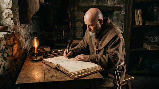 Medieval Monk Writing Ancient Manuscript with Quill Pen in Monastery Scriptorium, Bald Friar with Gray Beard Creating Illuminated Book by Candlelight, Historical Religious Scholar in Brown Robe