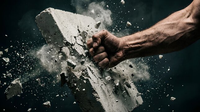Dynamic action photography of powerful clenched human fist smashing solid concrete slab with explosive debris, dust clouds and flying fragments suspended in dark dramatic background