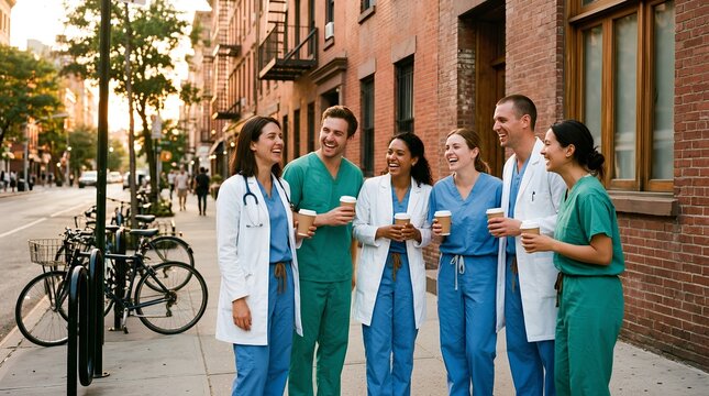 Group of happy diverse medical professionals doctors and nurses in scrubs and white coats laughing together holding takeaway coffee cups on sunny city sidewalk urban street with bicycles