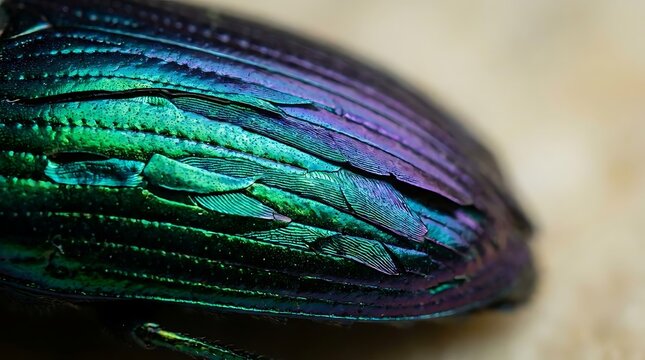Macro photography of an iridescent jewel tone beetle showing detailed metallic wing textures and vibrant emerald green to purple color transitions