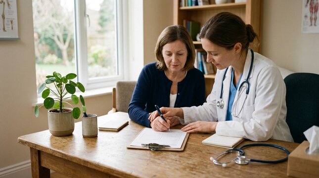 Female Doctor in White Coat Gently Consulting with Senior Patient at Wooden Desk, Reviewing Medical Forms in Bright Medical Office with Green Potted Plant and Detailed Anatomical Charts on Wall