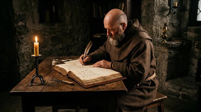 Medieval Monk Writing Ancient Illuminated Manuscript in Stone Scriptorium with Warm Candlelight, Bald Friar with Gray Beard Carefully Copying Sacred Text in Large Leather Bound Book with Quill Pen,