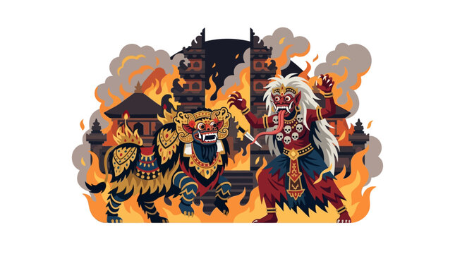 Dramatic Barong and Rangda battle at temple gate