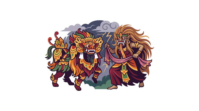 Dramatic battle of Barong and Rangda with storm background.