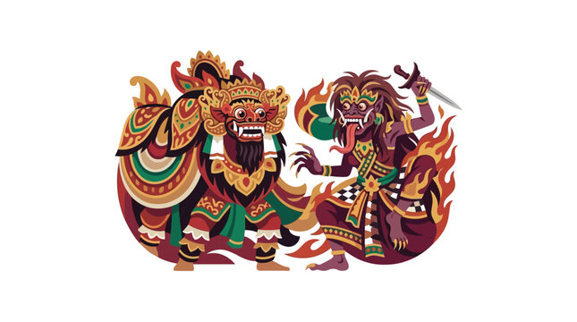 Dynamic action pose of Barong and Rangda fighting