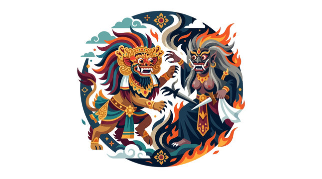 Dynamic Barong and Rangda fight in circular frame