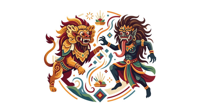 Dynamic Barong and Rangda fight scene on white background