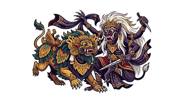 Dynamic Barong vs Rangda combat scene illustration.