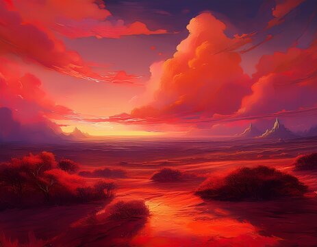 crimson sky bleeds into a smudged horizon a vintage dreamscape tilted to reveal the world s gentle decline textural subtle colors