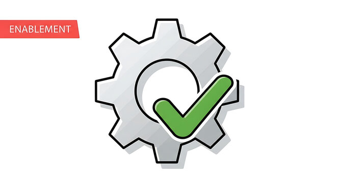 Gear with a green checkmark symbolizing enablement and successful completion of a task.