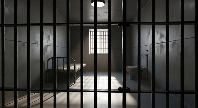 A stark and empty prison cell with bars in the foreground and a bed and toilet visible inside.