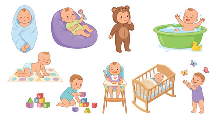 Fototapeta premium Colorful vector illustration showing cute babies engaged in various daily activities like sleeping and playing