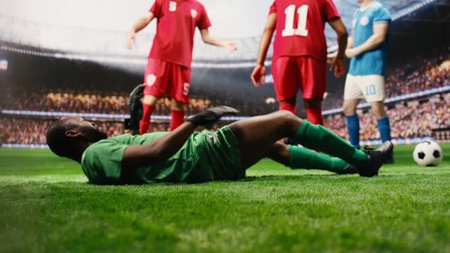 Selective focus of striker kicking ball in net for winning goal, shooting in front of goalkeeper during match action, player in motion attacking net to score goal, for football match content.