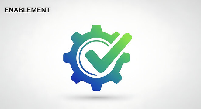 Gear with checkmark symbolizing enablement, success, and completion of tasks.