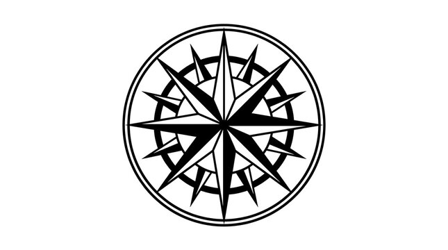Black and white vintage compass rose vector illustration with intricate details, navigation symbol, and windrose design