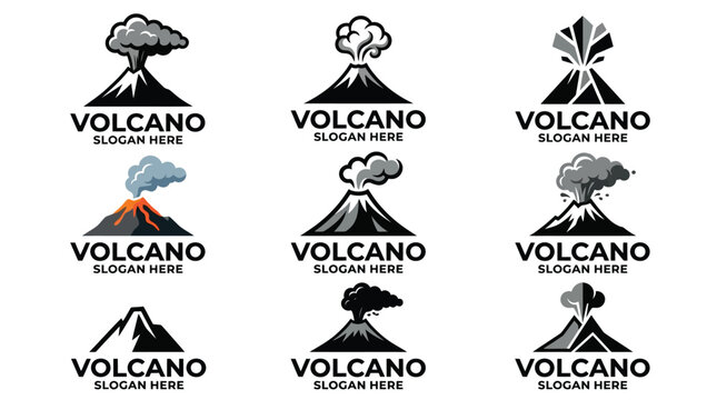 Collection of professional volcano logo vector graphic illustrations featuring modern minimalist designs and flat icons