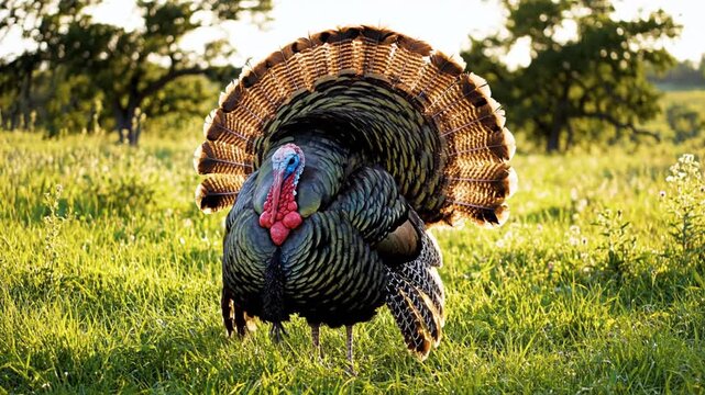 Wild turkey strutting in a grassy field at sunset