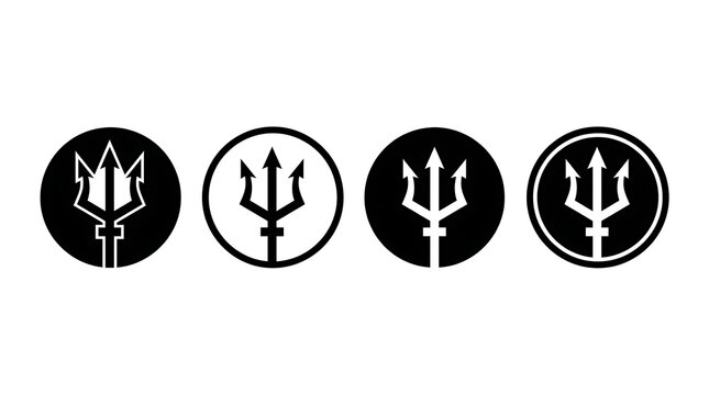 Vector set of black and white trident symbols, marine weapon emblems, and mythology icons in circular frames