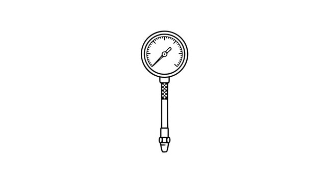 Hand drawn tire pressure gauge vector icon isolated on white. Car tire inflation measurement tool with analog dial and threaded connector. Minimalist outline illustration for automotive service.